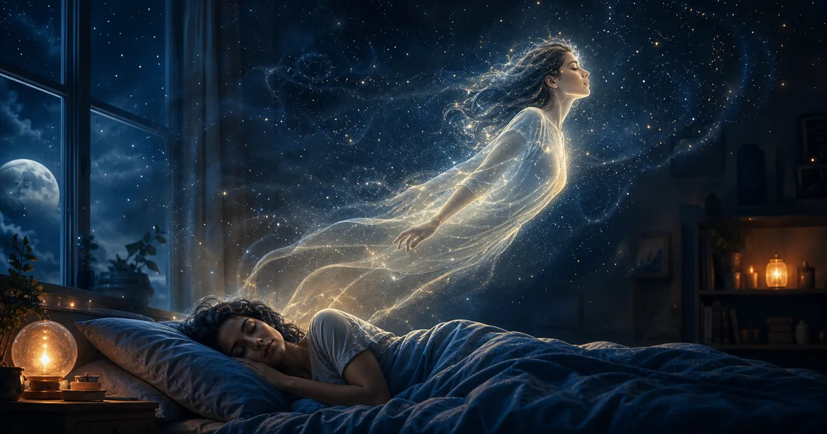 Corpo astral luminoso se afastando suavemente durante o sono em uma noite estrelada