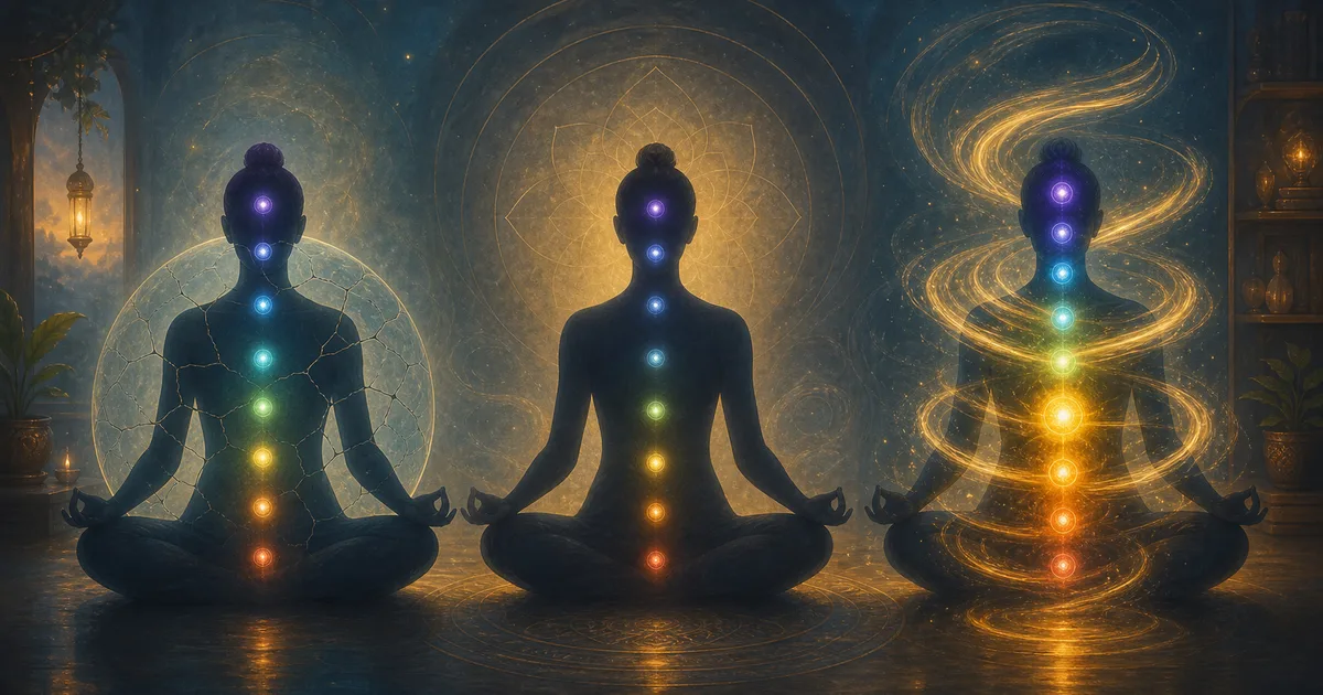 Três figuras meditativas representando chakra bloqueado, enfraquecido e em excesso