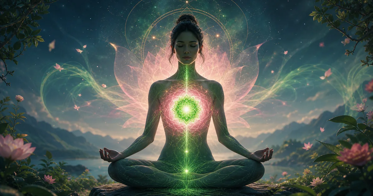 Pessoa meditando com energia verde e rosa no chakra cardíaco, simbolizando amor, compaixão e equilíbrio emocional