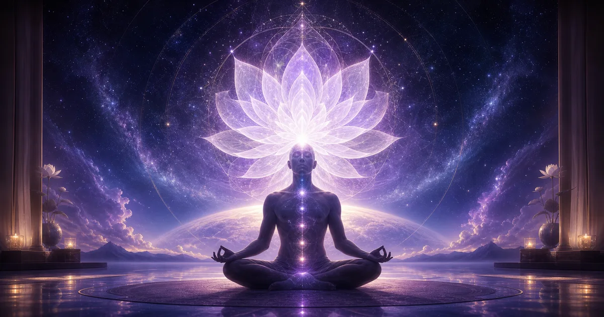 Pessoa meditando com lótus violeta luminoso no topo da cabeça representando o chakra coronário