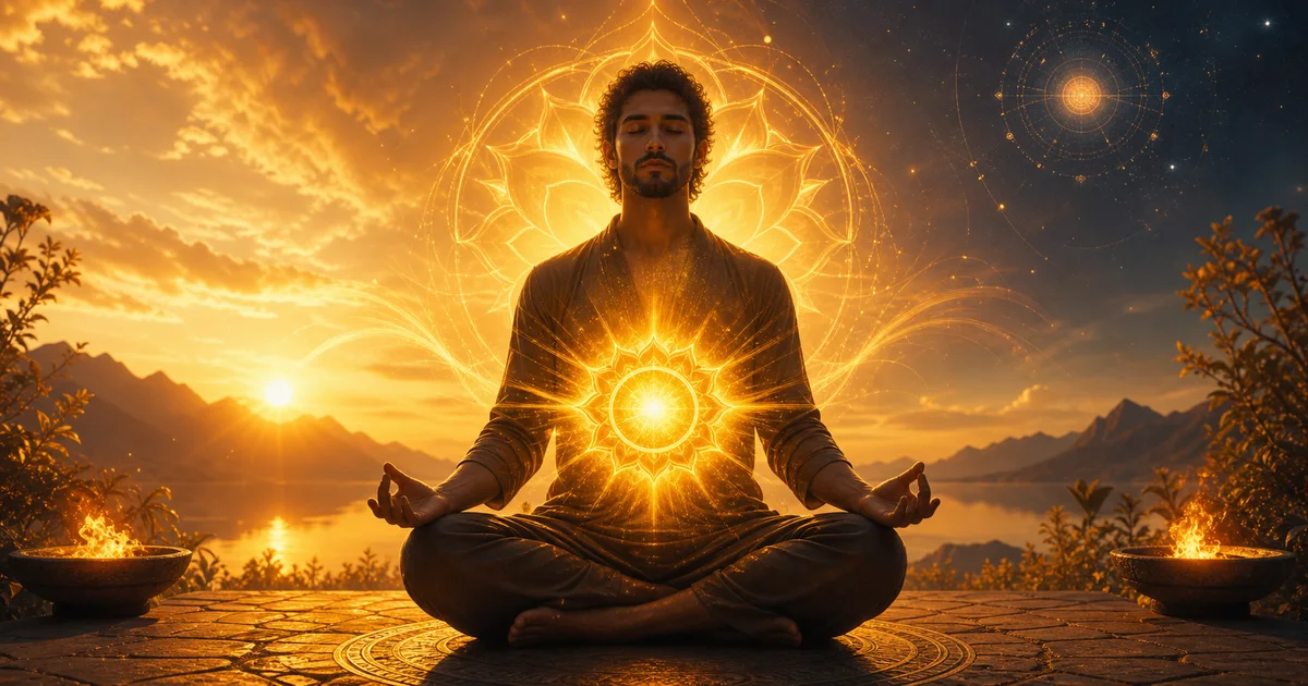 Pessoa meditando com energia amarelo-dourada no chakra do plexo solar ao nascer do sol