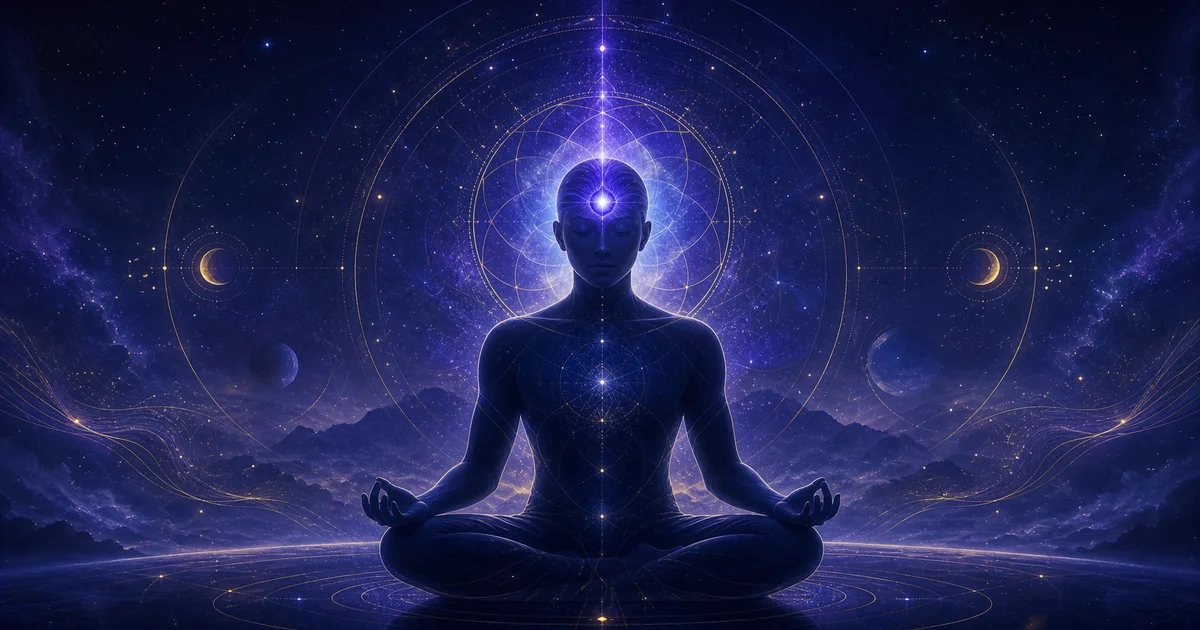Pessoa meditando em atmosfera índigo com luz no chakra frontal entre as sobrancelhas