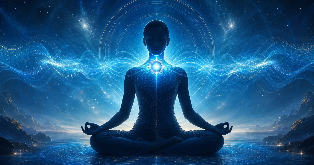 Pessoa meditando com energia azul luminosa no chakra laríngeo e ondas sutis de expressão ao redor
