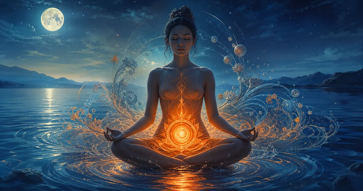 Pessoa meditando sobre a água com energia laranja no chakra sexual e formas fluidas ao redor