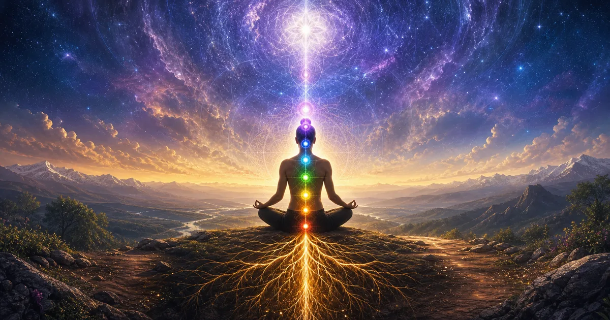 Pessoa meditando com chakras alinhados, raízes de luz na terra e coluna espiritual em direção ao céu