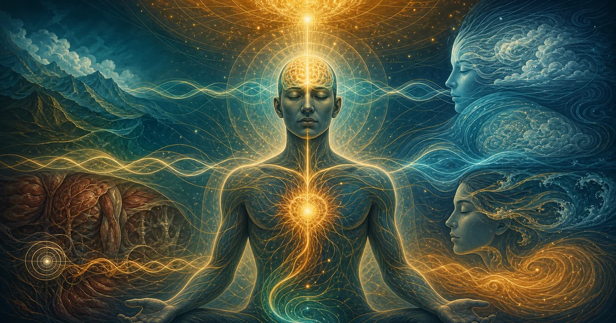 Figura humana integrada por ondas luminosas que conectam corpo, mente, emoções e consciência