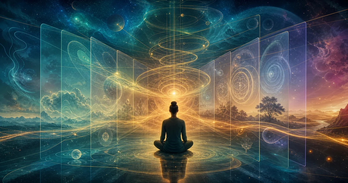 Pessoa meditando diante de camadas luminosas que representam dimensões, tempo e realidades sutis na terapia vibracional