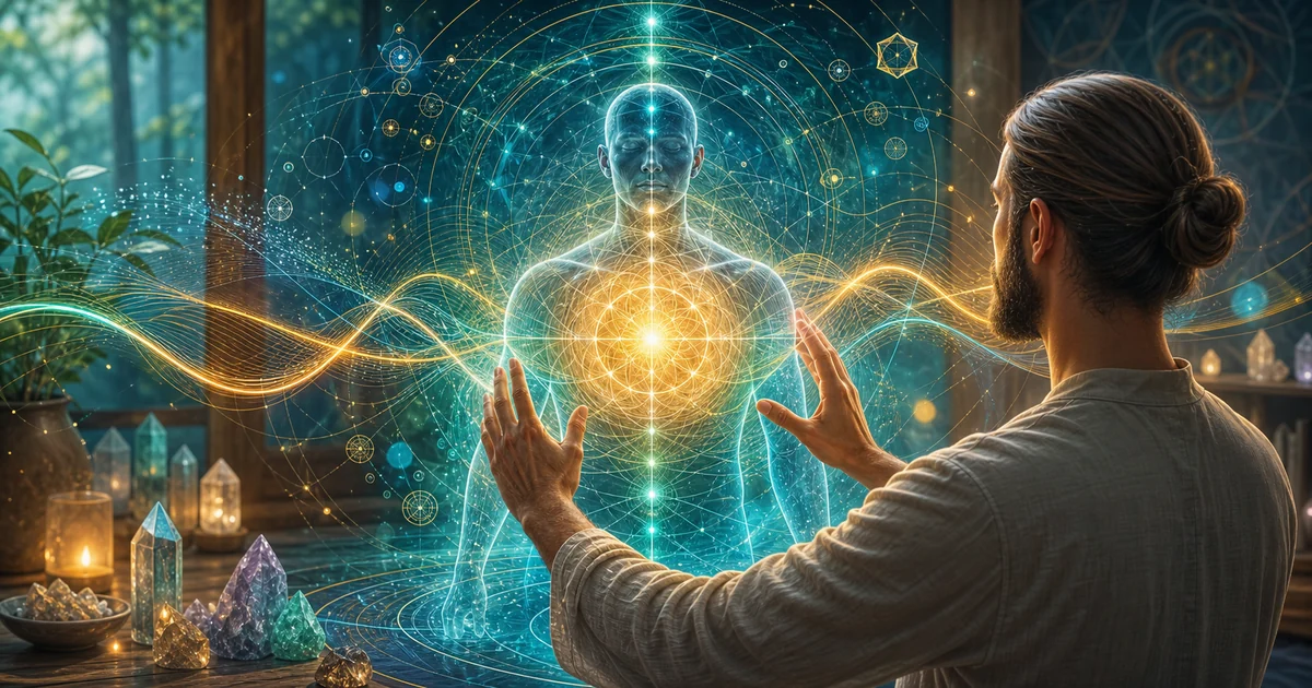 Terapeuta organizando energia e informação no campo vibracional com cristais e linhas luminosas