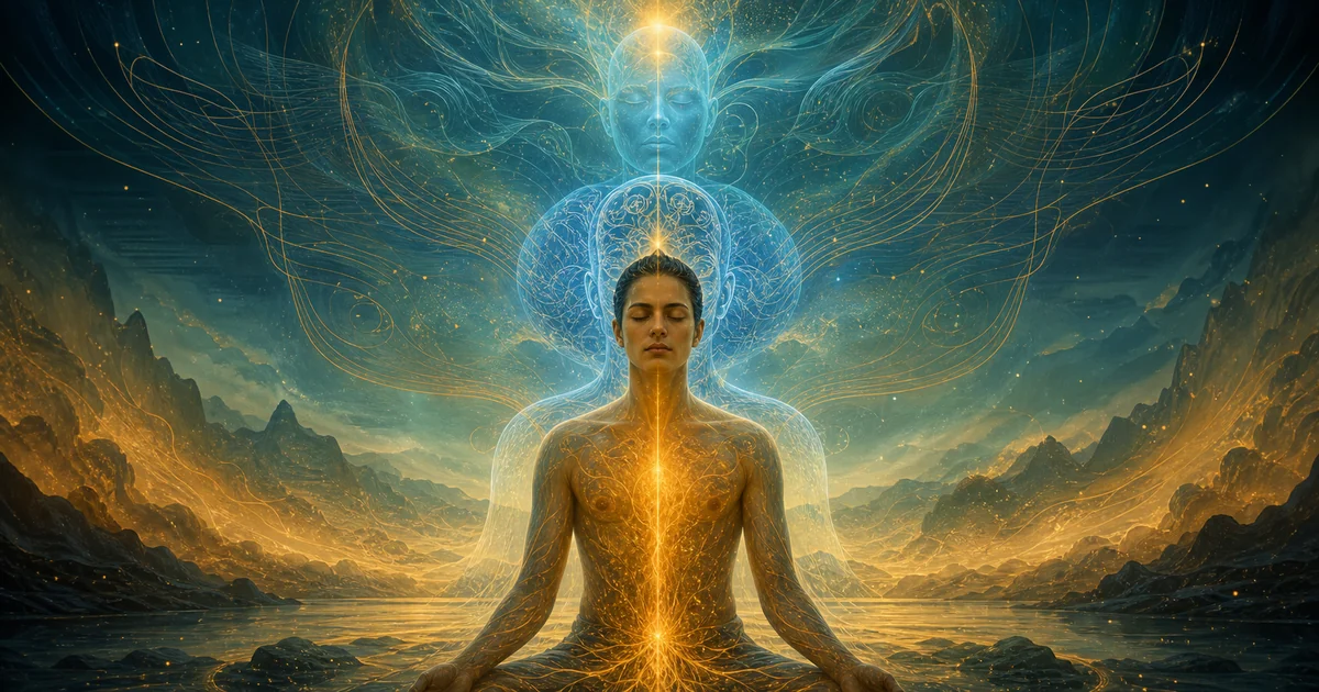 Figura humana com camadas luminosas representando consciência, ego e corpo no sistema vibracional