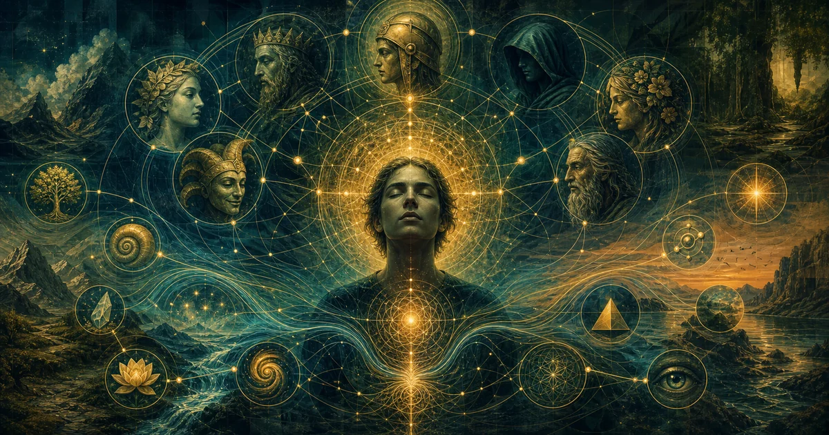 Pessoa cercada por símbolos, arquétipos e padrões luminosos que representam programas vibracionais internos
