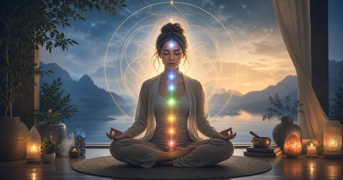 Pessoa meditando com luz suave no terceiro olho e energia equilibrada ao redor