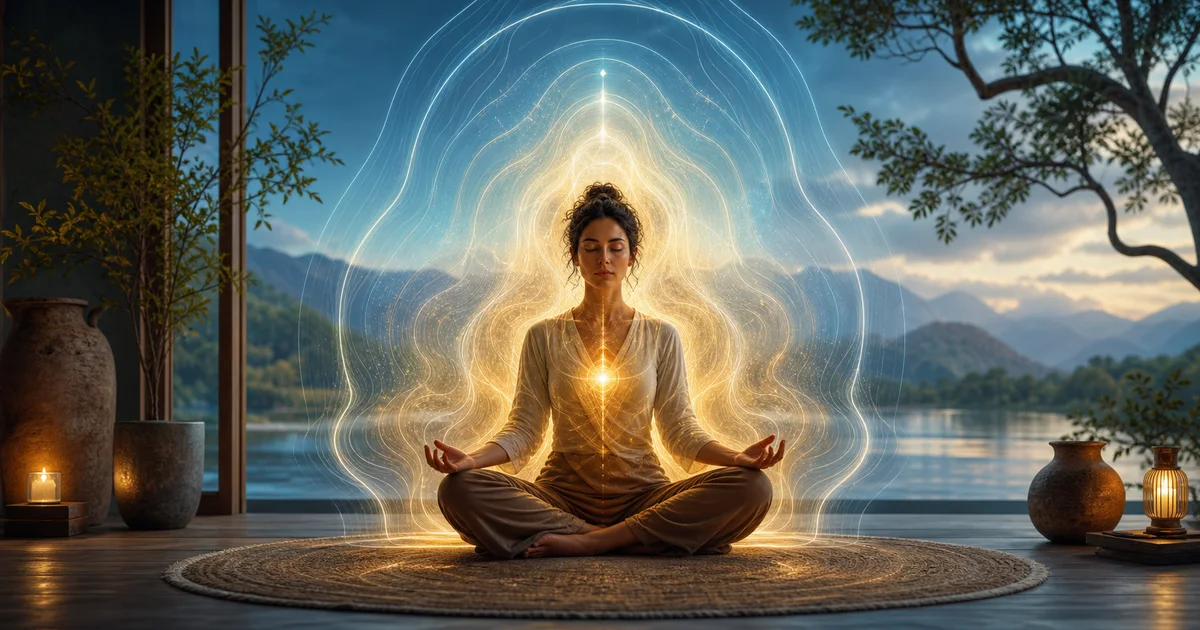 Pessoa meditando com o campo energético organizado e luminoso