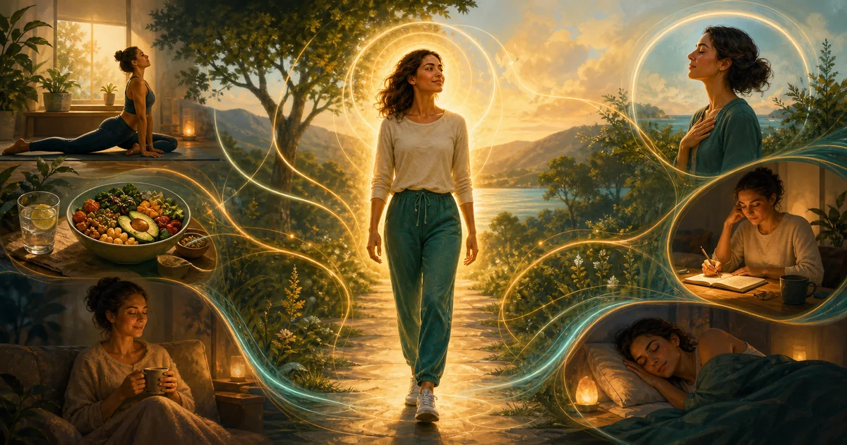 Pessoa caminhando com campo luminoso enquanto hábitos cotidianos sustentam a frequência vibracional