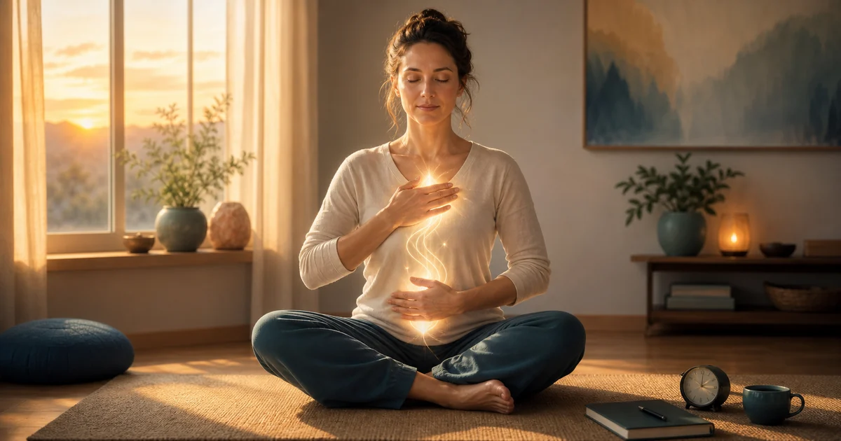 Pessoa praticando auto-Reiki pela manhã em ambiente tranquilo com luz suave nas mãos e objetos de rotina ao lado