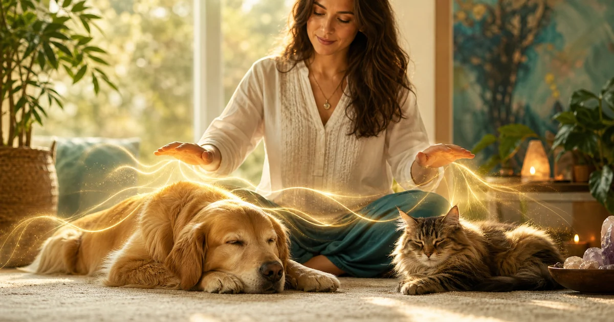 Aplicação de Reiki em cão e gato relaxados com luz suave em ambiente tranquilo