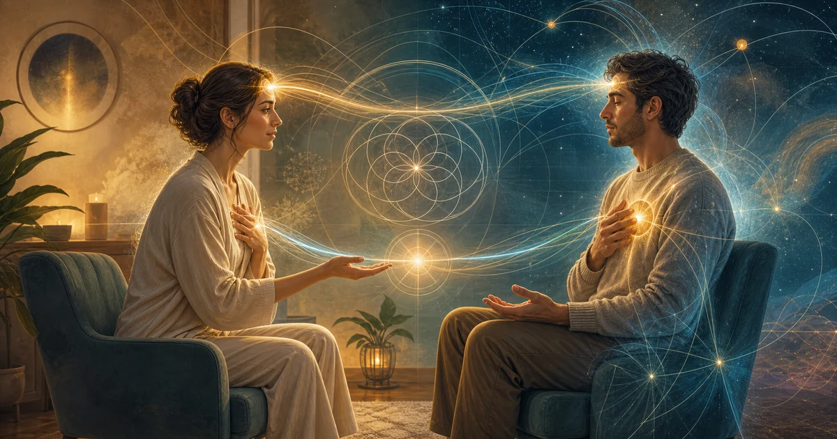 Terapeuta e pessoa atendida em processo vibracional com linhas de energia simbolizando cocriação consciente