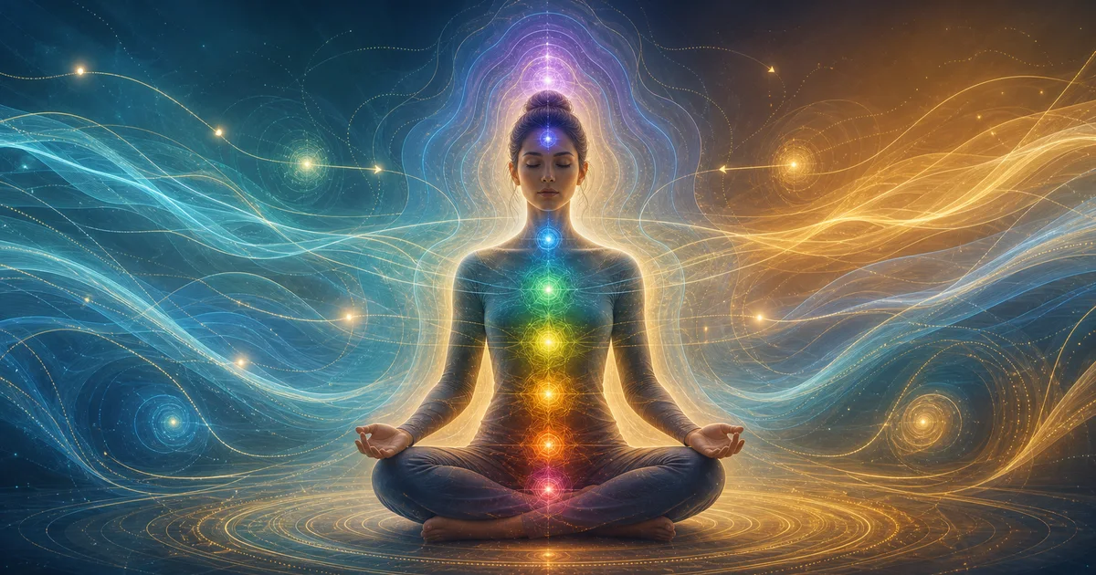 Pessoa meditando com aura, chakras e linhas de energia circulando ao redor do corpo