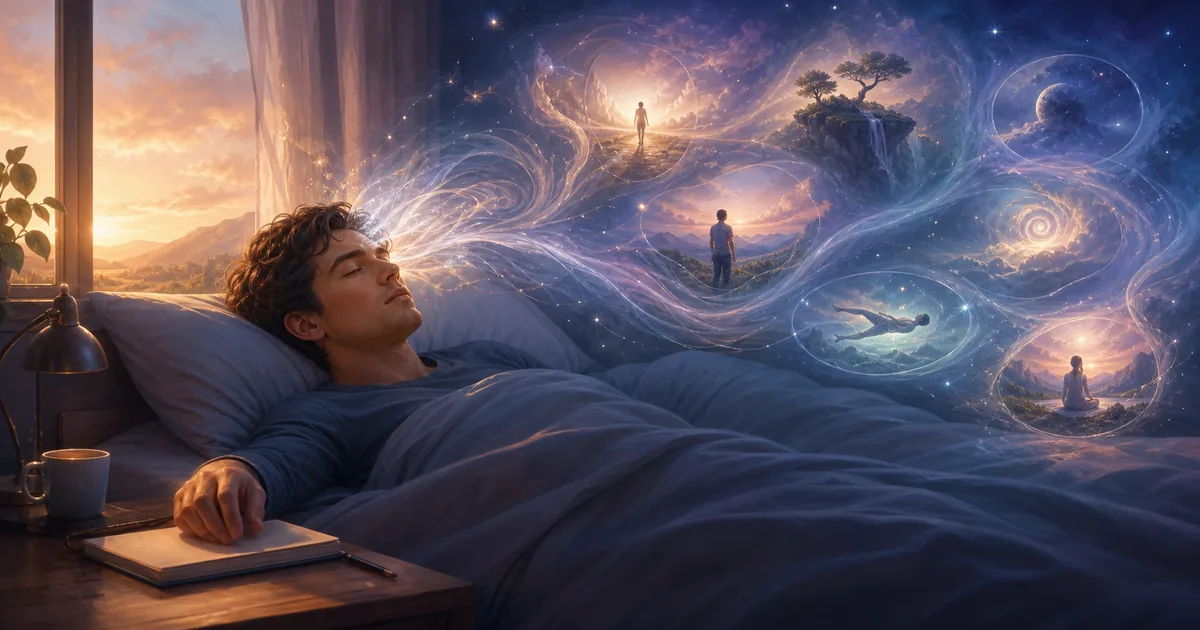 Pessoa despertando com lembranças sutis da projeção astral retornando à memória ao lado de um diário