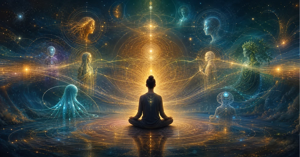 Pessoa em meditação diante de consciências sutis conectadas por linhas luminosas de sintonia vibracional