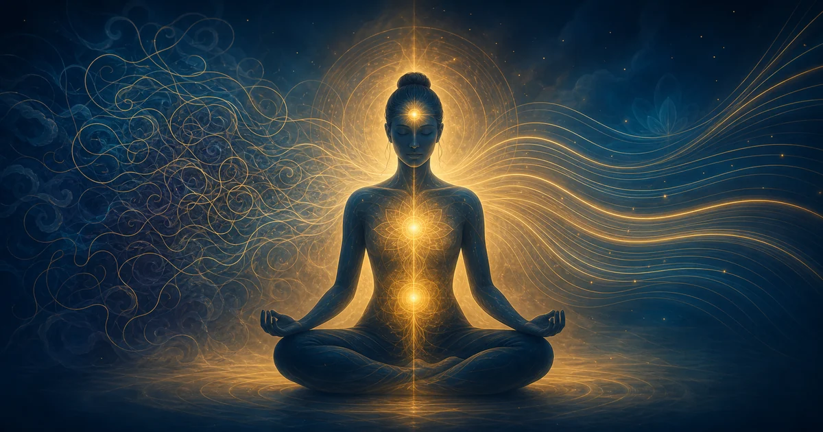 Pessoa meditando com luz Reiki dourada organizando pensamentos e emoções no campo energético