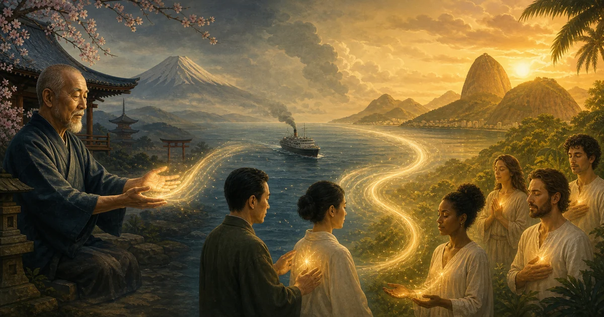 Caminho simbólico do Reiki do Japão ao Ocidente e ao Brasil com praticantes e energia luminosa