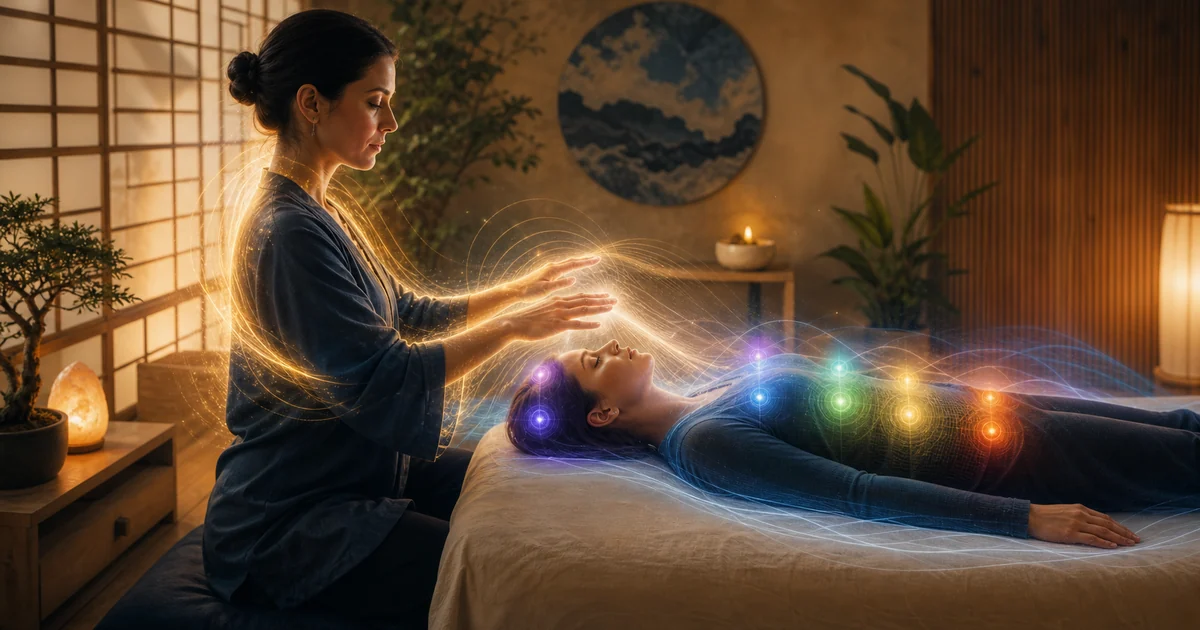Aplicação de Reiki com energia vital organizada fluindo pelas mãos para o campo energético e os chakras da pessoa atendida