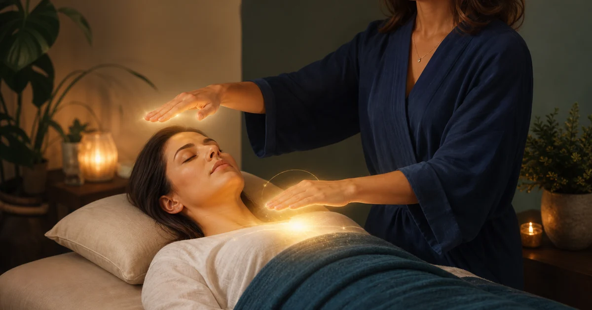 Pessoa recebendo Reiki em ambiente tranquilo com luz suave sobre cabeça e peito para relaxamento e redução do estresse