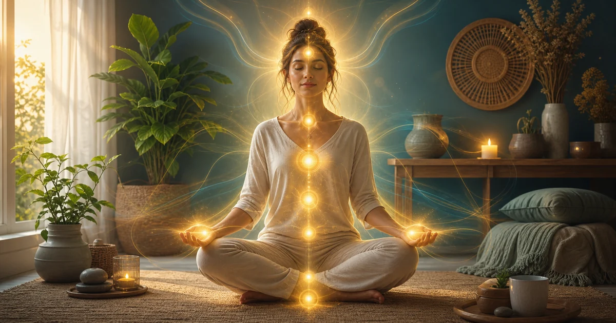 Pessoa meditando em casa com luz Reiki suave nos chakras representando equilíbrio e bem-estar no cotidiano