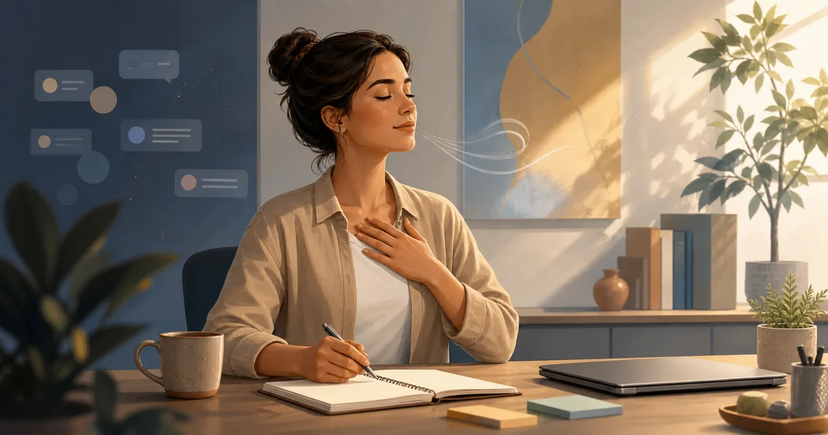 Pessoa praticando mindfulness no trabalho em uma pausa consciente diante de tarefas e mensagens suaves ao fundo