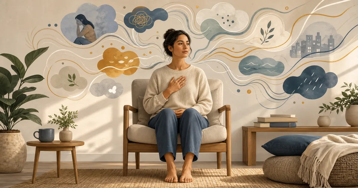 Pessoa praticando mindfulness com pensamentos em movimento ao redor, representando uma mente acelerada sendo observada com presença