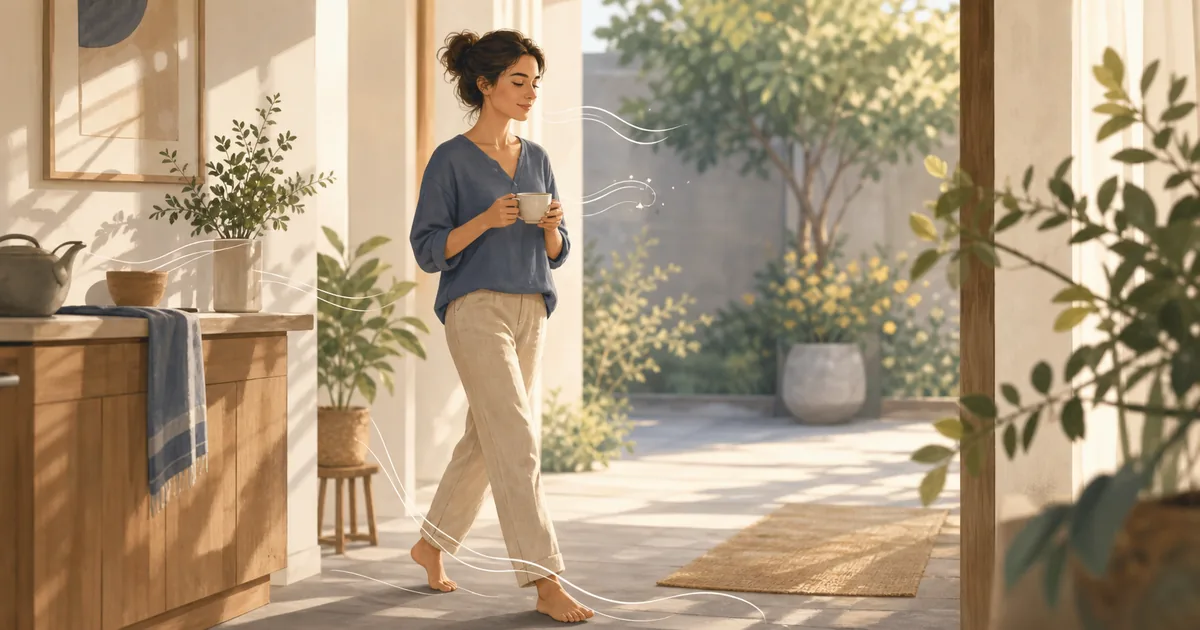 Pessoa praticando mindfulness caminhando em casa com uma xícara, representando atenção plena no cotidiano
