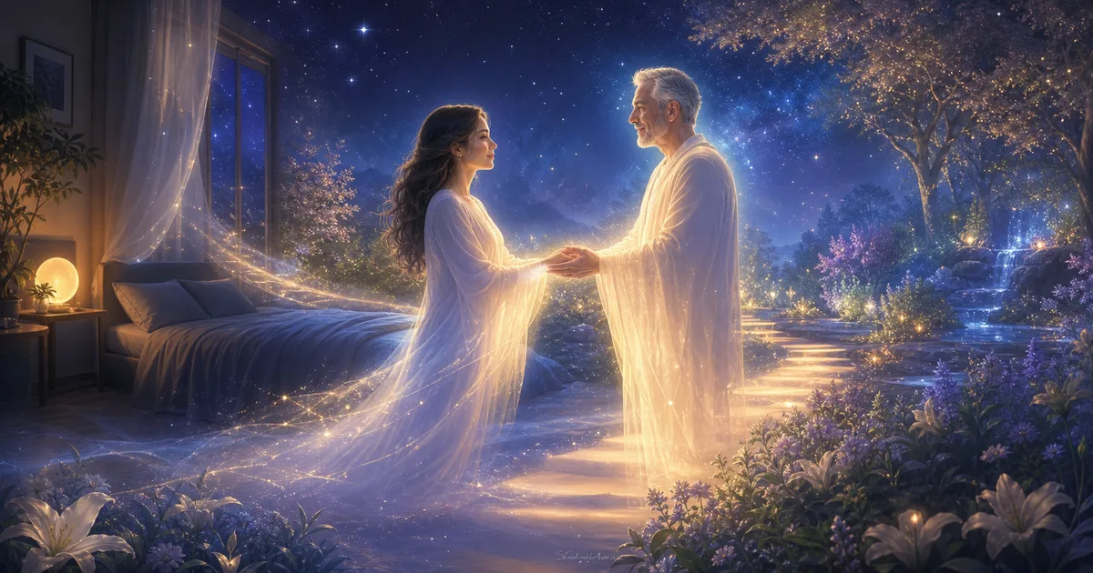 Reencontro sereno entre duas consciências luminosas em um jardim astral durante uma projeção astral
