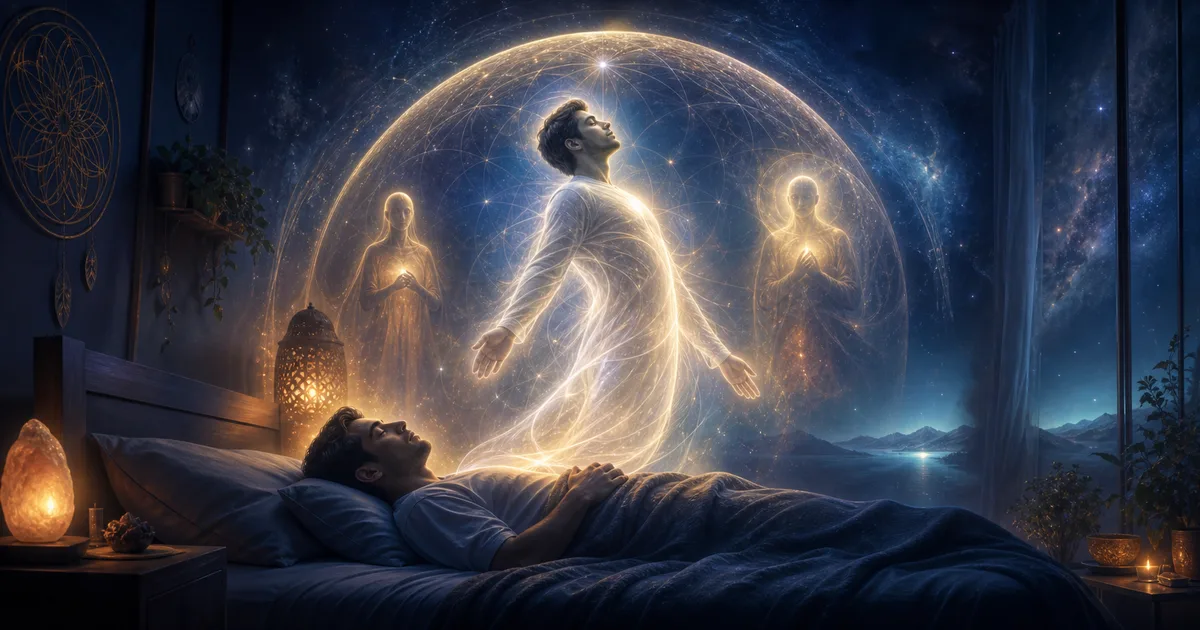 Corpo astral luminoso protegido por um campo de luz durante uma projeção astral serena