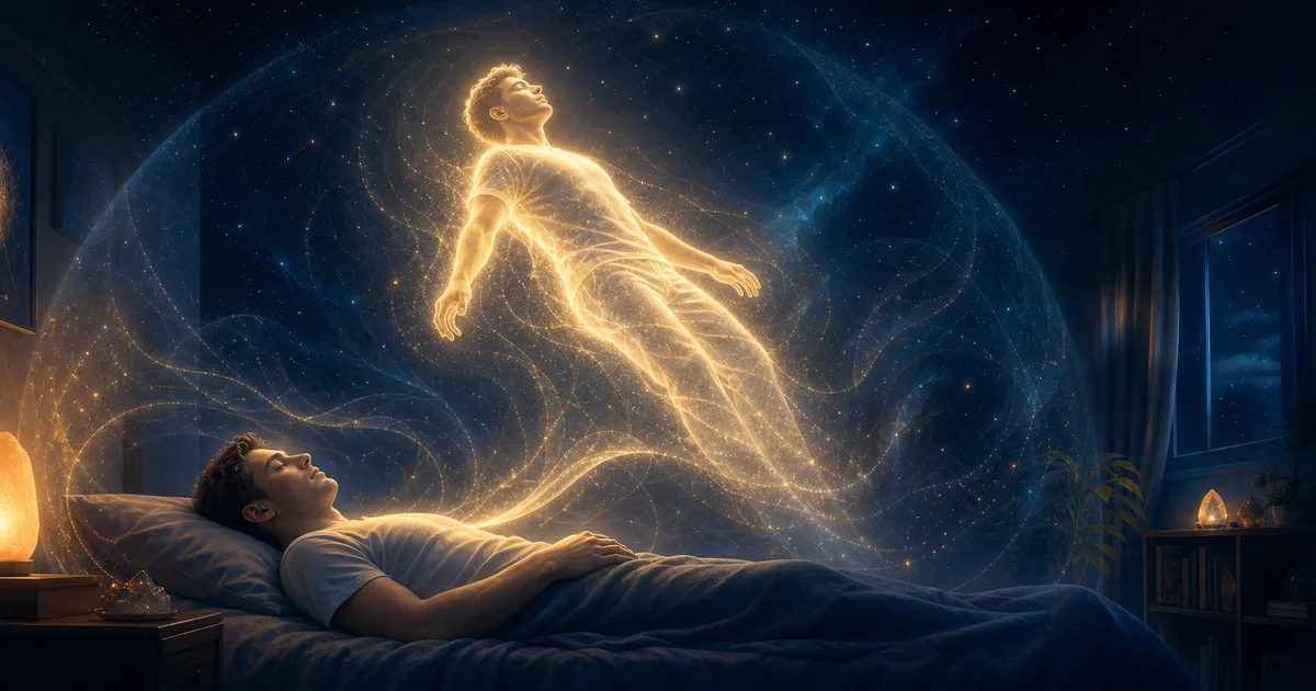 Corpo astral luminoso se elevando com serenidade sobre o corpo físico durante uma projeção astral segura