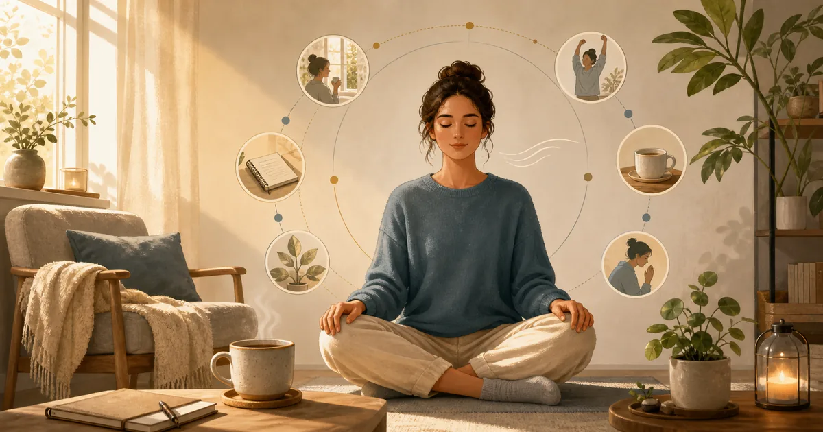 Pessoa praticando mindfulness em uma rotina calma de manhã, com símbolos suaves de constância e hábito ao redor