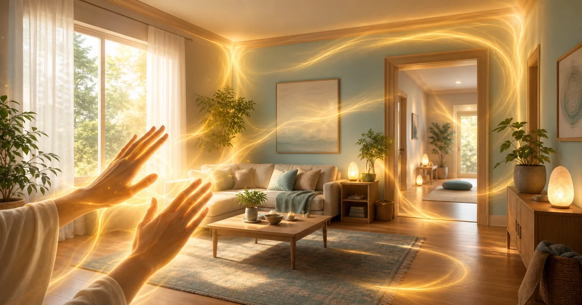 Mãos irradiando Reiki em sala organizada com luz dourada harmonizando cantos, móveis e passagens