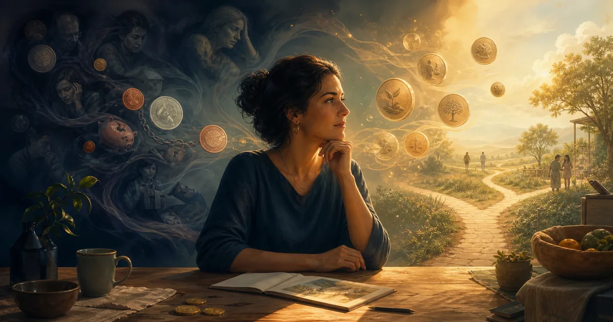 Pessoa observando crenças antigas sobre dinheiro enquanto um caminho de prosperidade se abre