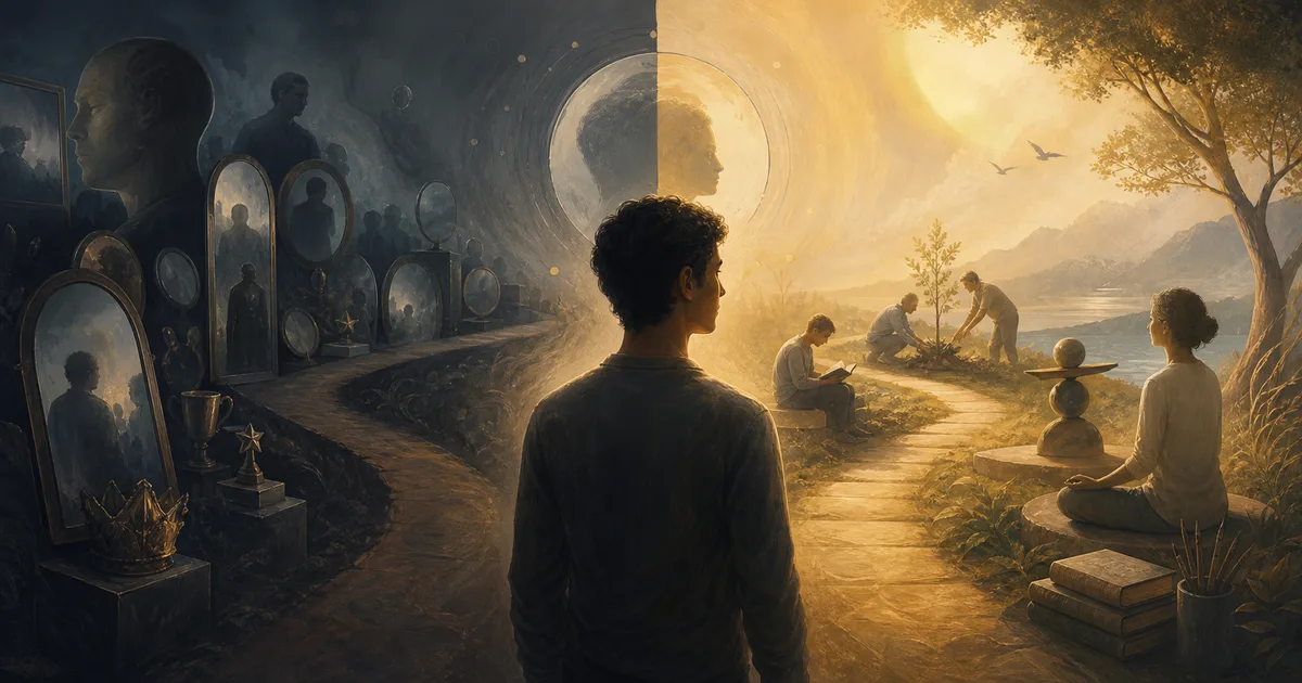 Pessoa diante de dois caminhos internos que representam os desejos do ego e os desejos do divino