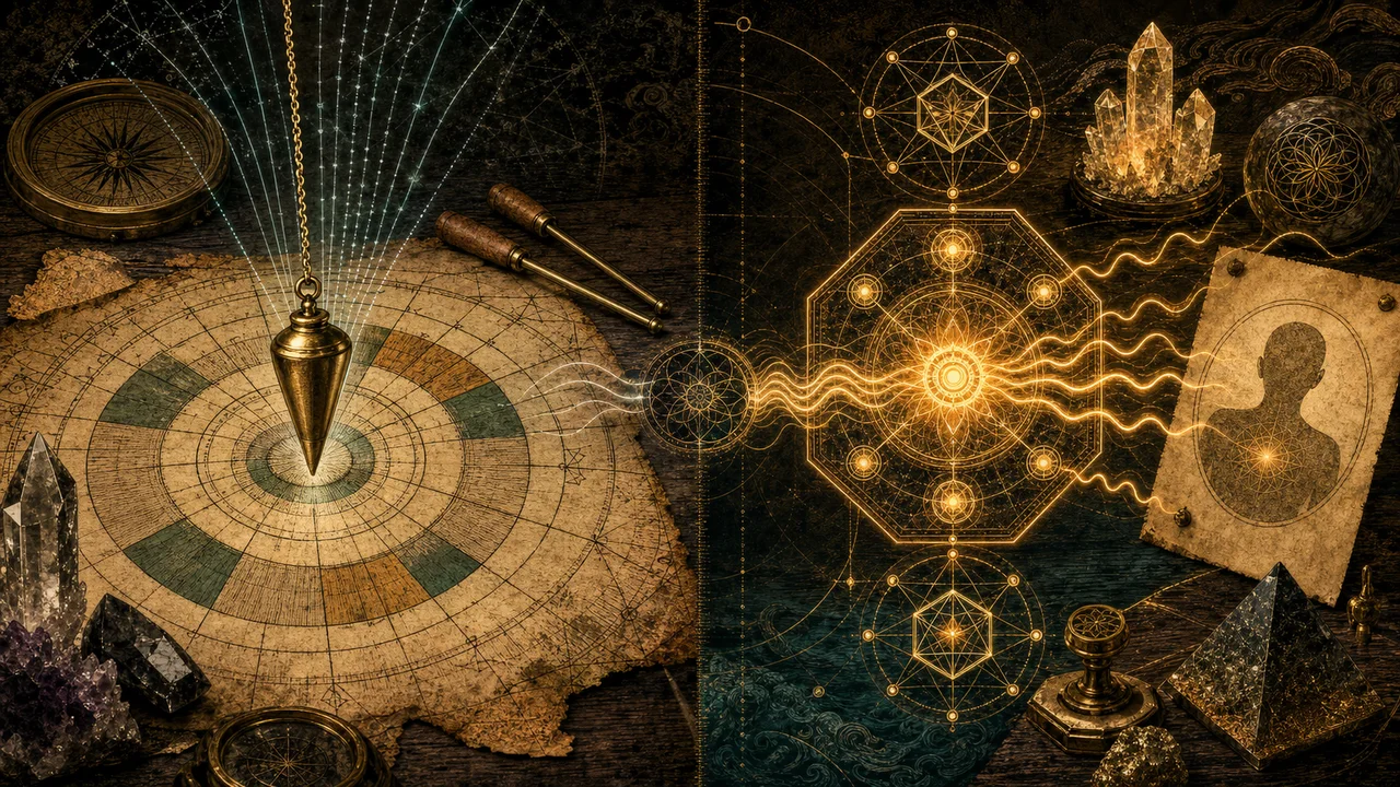 Pêndulo medindo gráfico radiestésico ao lado de diagramas radiônicos emitindo ondas luminosas