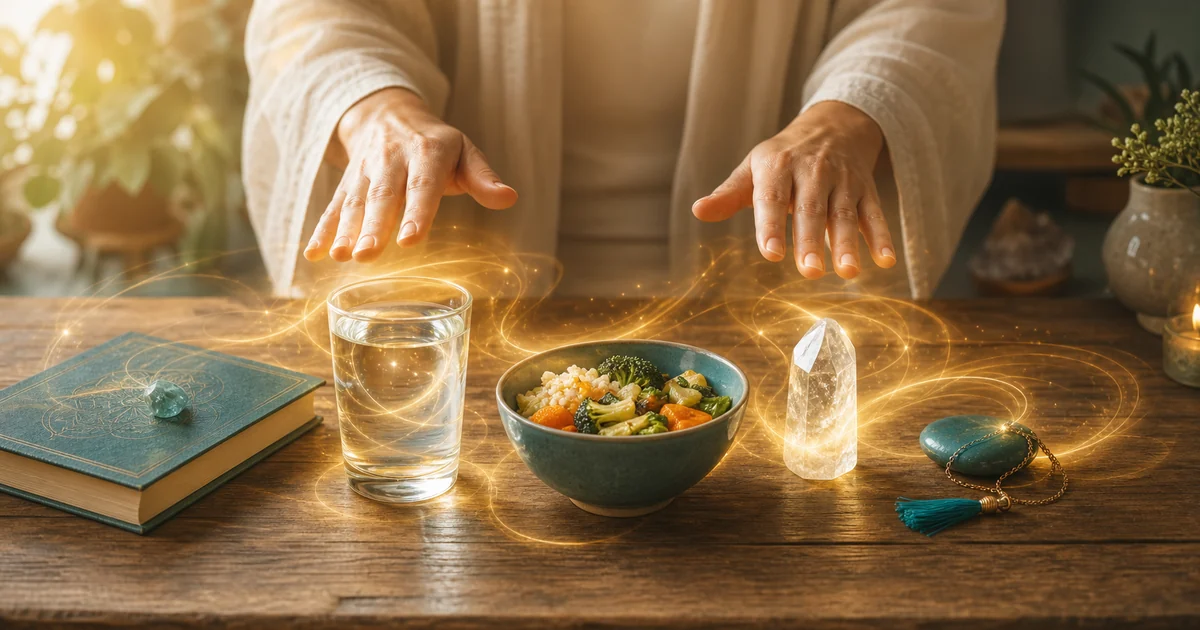 Mãos aplicando Reiki sobre copo de água, alimento, cristal, livro e objeto pessoal em mesa iluminada