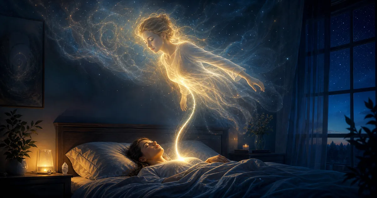 Corpo astral luminoso retornando ao corpo físico por uma conexão de luz durante uma projeção astral segura