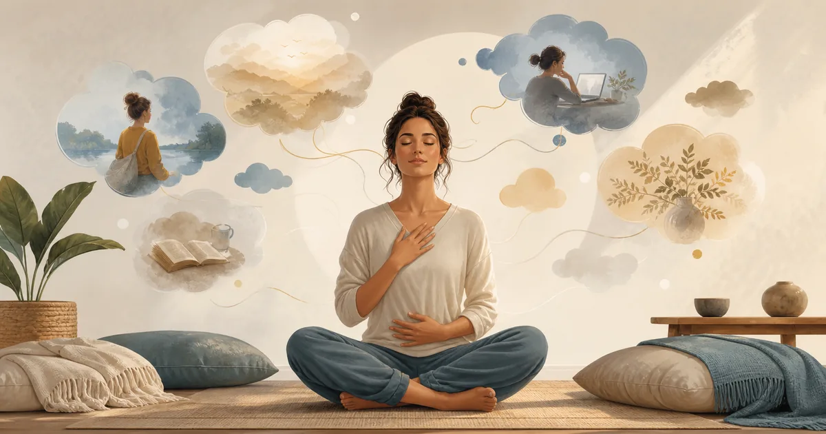 Pessoa praticando mindfulness enquanto pensamentos passam como nuvens suaves, mostrando que a mente não precisa ficar vazia