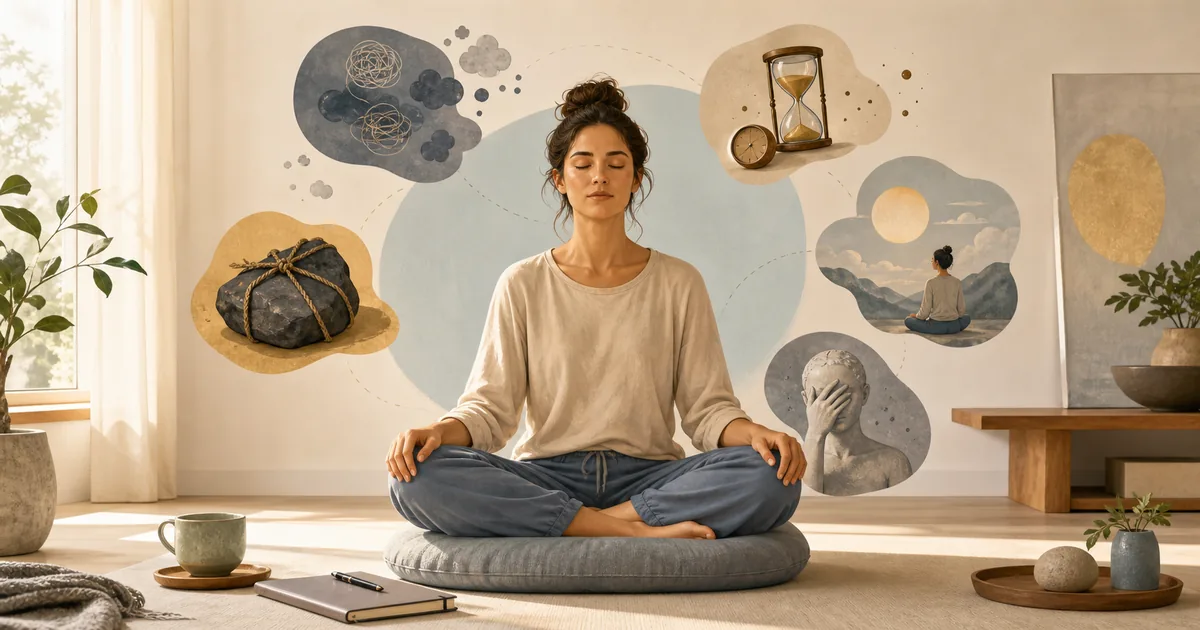 Pessoa iniciando mindfulness cercada por símbolos de distração, pressa e autocobrança