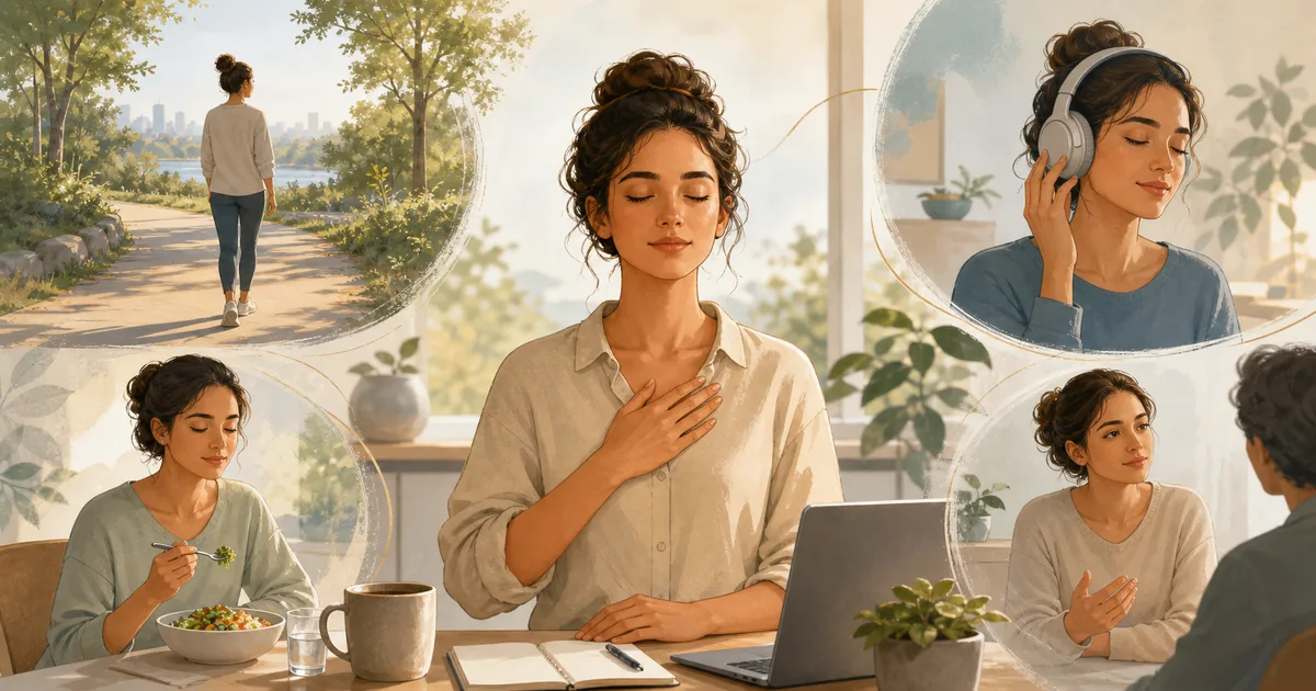 Pessoa praticando mindfulness em atividades cotidianas como respirar, caminhar, comer e ouvir com atenção