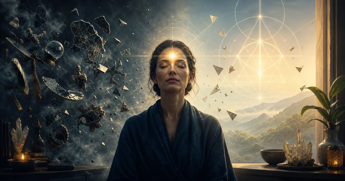 Pessoa em meditação separando ilusões espirituais de uma percepção clara e equilibrada