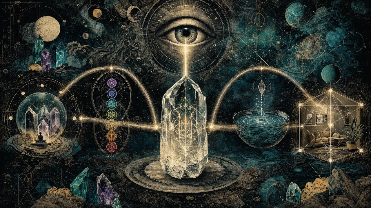Cristal recebendo um feixe de intenção e distribuindo energia para chakras, água e ambiente em composição simbólica de cristaloterapia