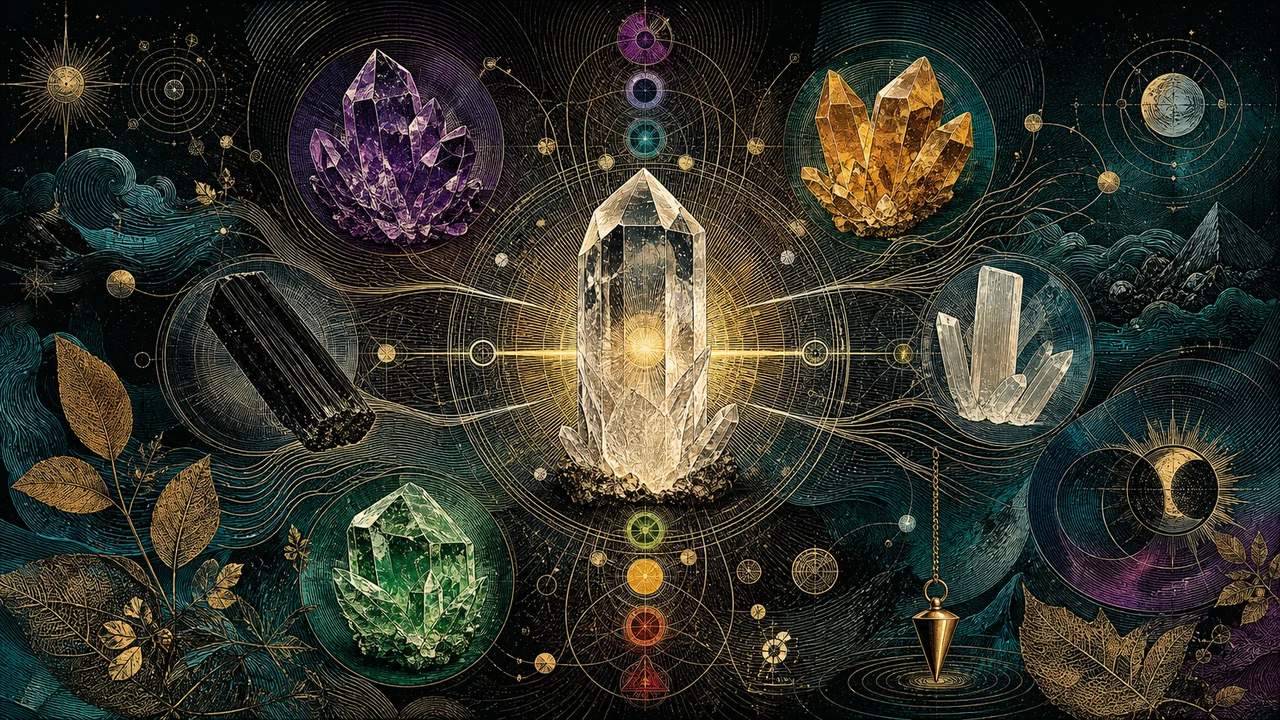 Cristal central irradiando energia para ametista, citrino, turmalina negra, selenita e chakras em composição simbólica de cristaloterapia