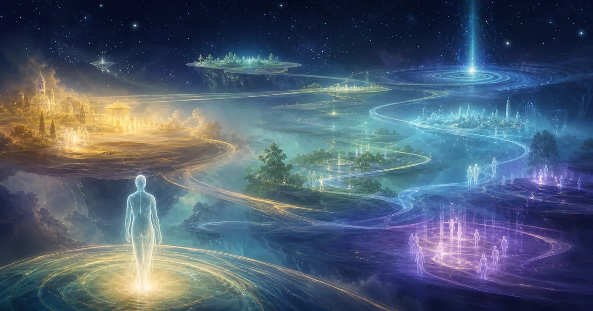 Representação do plano astral com regiões luminosas, caminhos sutis e consciências em diferentes faixas vibratórias