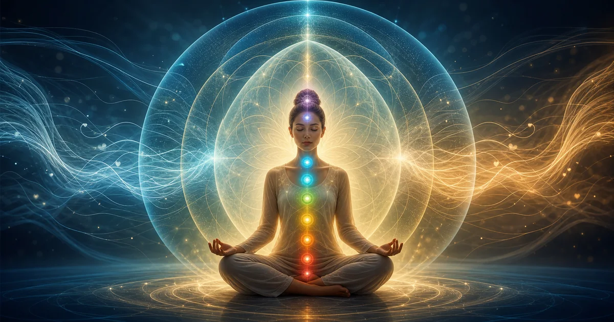Pessoa meditando com chakras e campos sutis luminosos ao redor do corpo