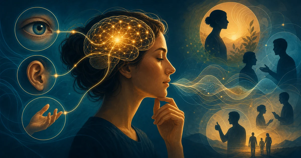 Pessoa refletindo com conexões entre cérebro, sentidos, linguagem e comportamento